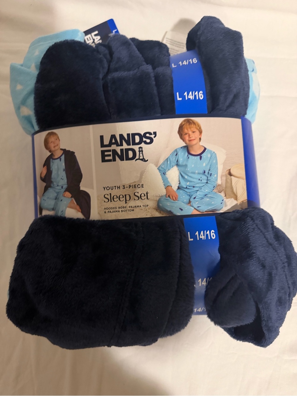 Lands' End Navy and Light Blue Kids 3-Piece Pajama Sleep Set